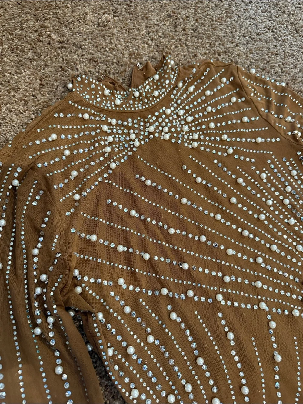Banjul Tan Long Sleeve Crystal-Embellished Evening Gown - Picture 3 of 8